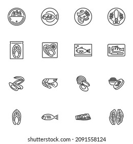 Seafood menu line icons set, sea food outline vector symbol collection, linear style pictogram pack. Signs, logo illustration. Set includes icons as salmon fish steak, oyster, black caviar, lobster