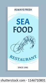 Seafood menu with linear silhouette of shrimp. Always fresh prawns in restaurant, in blue spot in centre isolated on white vector icons template.