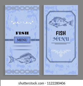 Seafood menu with linear silhouettes of fish. Sea bass sketch at bottom of vector cover for restaurant in geometric frame with ornament at edges.