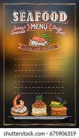 Lista de menús de mariscos con espacio de copia para texto, variados canapés de pescado ilustración a mano