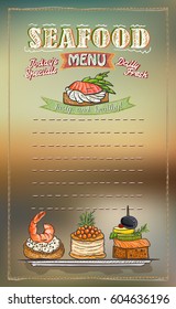 Seafood menu list vector illustration with fish canapes and empty space for text
