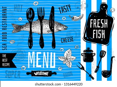 Seafood menu logo design, cutting board, soup, pot, fork, knife, vintage sea fish salmon food menu lettering stamp design. The best recipes. Hand drawn vector illustration.