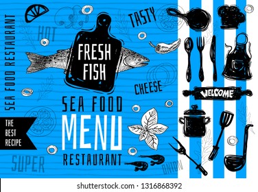 Seafood menu logo design, cutting board, soup, pot, fork, knife, vintage sea fish salmon food menu lettering stamp design. The best recipes. Hand drawn vector illustration.