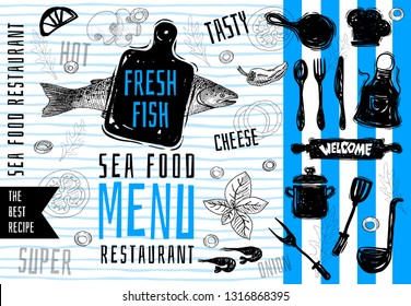 Seafood menu logo design, cutting board, soup, pot, fork, knife, vintage sea fish salmon food menu lettering stamp design. The best recipes. Hand drawn vector illustration.