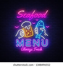 Seafood Menu Neon Design Vector. Seafood Menu neon sign, design template, modern trend design, night signboard, night bright advertising, light banner, light art. Vector illustration
