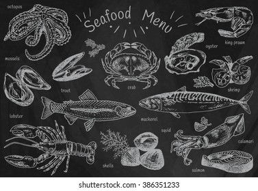 seafood menu, octopus, mussels, lobster, trout, shells, mackerel, crab, oyster, king prawns, shrimps, squid, salmon, calamari on chalkboard background