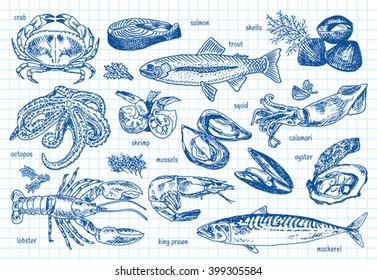 seafood menu, octopus, mussels, lobster, trout, shells, mackerel, crab, oyster, king prawns, shrimps, squid, salmon, calamari