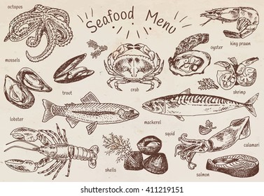 seafood menu, octopus, mussels, lobster, trout, shells, mackerel, crab, oyster, king prawns, shrimps, squid, salmon, calamari