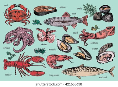 seafood menu, octopus, mussels, lobster, trout, shells, mackerel, crab, oyster, king prawns, shrimps, squid, salmon, calamari