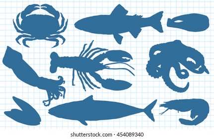 seafood menu, octopus, mussels, lobster, trout, shells, mackerel, crab, oyster, king prawns, shrimps, squid, salmon, calamari