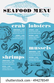 Seafood menu placemat food restaurant brochure, template design. Vintage creative dinner flyer with hand-drawn graphic. 