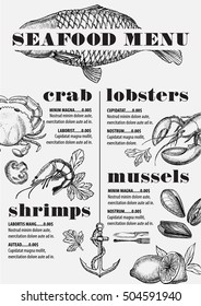 Seafood menu placemat food restaurant brochure, template design. Vintage creative dinner flyer with hand-drawn graphic. 