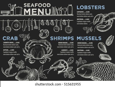 Seafood menu placemat food restaurant brochure, template design. Vintage creative dinner flyer with hand-drawn graphic. 