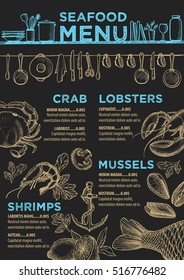 Seafood menu placemat food restaurant brochure, template design. Vintage creative dinner flyer with hand-drawn graphic. 