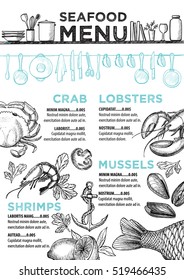 Seafood menu placemat food restaurant brochure, template design. Vintage creative dinner flyer with hand-drawn graphic. 