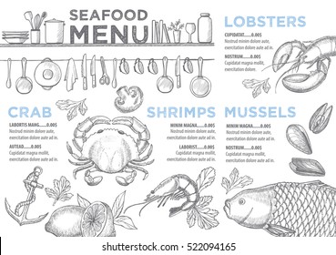 Seafood menu placemat food restaurant brochure, template design. Vintage creative dinner flyer with hand-drawn graphic. 