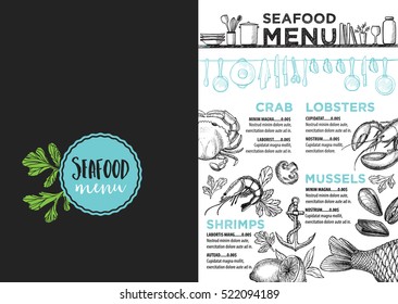 Seafood menu placemat food restaurant brochure, template design. Vintage creative dinner flyer with hand-drawn graphic. 