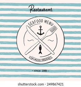 Seafood menu. Plate, fork and knife on striped background. Hand drawn vector illustration.