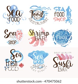 Seafood Menu Promo Signs Colorful Set Of Watercolor Stylized Logo With Text On White Background