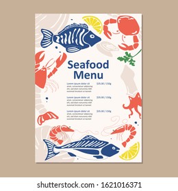 Seafood menu for restauran. Design template with hand-drawn graphic elements in doodle style.