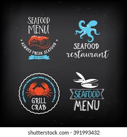 Seafood menu restaurant badges. Food design icons with hand-drawing elements. Graphic labels for fish restaurant template.