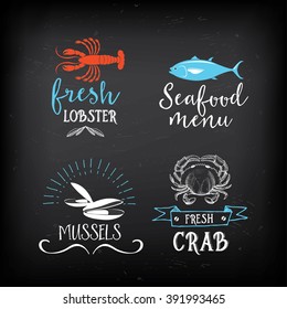 Seafood menu restaurant badges. Food design icons with hand-drawing elements. Graphic labels for fish restaurant template.