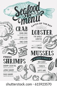 Seafood menu for restaurant and cafe. Design template with hand-drawn graphic elements in doodle style.