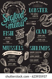 Seafood menu for restaurant and cafe. Design template with hand-drawn graphic elements in doodle style.