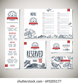 Seafood menu for restaurant and cafe. Design template with hand-drawn graphic elements in doodle style. Editable vector illustration file.