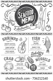 Seafood menu for restaurant and cafe. Design template with hand-drawn graphic illustrations.