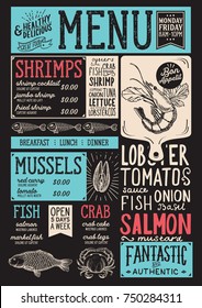 Seafood menu for restaurant and cafe. Design template with hand-drawn graphic illustrations.