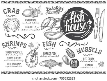 Seafood menu for restaurant and cafe. Design template with hand-drawn graphic illustrations.