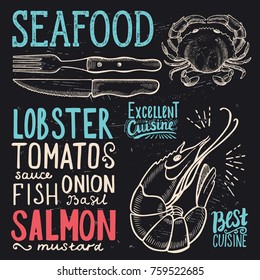 Seafood menu for restaurant and cafe. Design template with hand-drawn graphic illustrations.