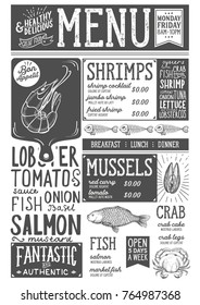 Seafood menu for restaurant and cafe. Design template with hand-drawn graphic illustrations.