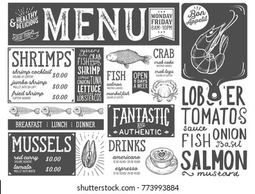 Seafood menu for restaurant and cafe. Design template with hand-drawn graphic illustrations.