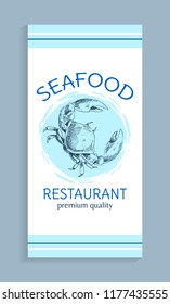 Seafood menu for restaurant of premium quality. Crab in blue spot in centre isolated on white with double color stripes at edges vector template