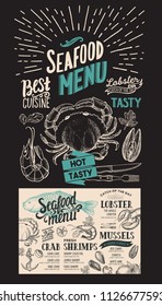 Seafood menu for restaurant. Vector food flyer for bar and cafe. Design template with vintage hand-drawn illustrations on blackboard background.