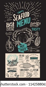 Seafood menu for restaurant. Vector food flyer for bar and cafe. Design template with vintage hand-drawn illustrations on chalkboard background.