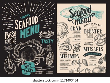 Seafood menu for restaurant vector food flyer for bar and cafe design template with vintage hand-drawn illustrations
