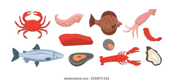 Menú de marisco. Cangrejo, calamar y pescado. Sabrosa comida con proteínas. Productos naturales y orgánicos para cafetería o restaurante. Colección vectorial plana de dibujos animados aislada en fondo blanco