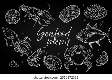 Seafood, menu set. Linear chalk black and white vector drawing, hand drawn food.