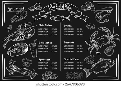 Seafood menu supported by fish, shrimp, mussels and crab drawings. Hand-drawn details attract attention.