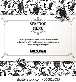 Seafood menu template. Crab silhouettes background. There is place on white paper for your text.