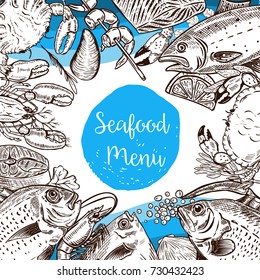 Seafood menu template. Fish, crabs, shrimp, lobster, caviar. Design elements for poster, flyer, banner, menu. Vector illustration