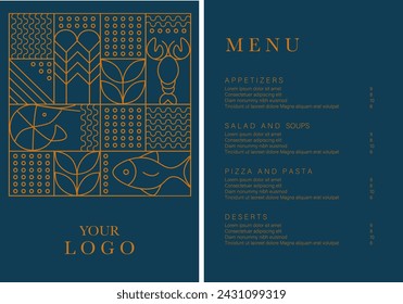 Seafood menu template. Fish restaurant design template. Vector illustration. Sample design. Brand style vector illustration. Vector menu brochure template for cafe, restaurant, bar.