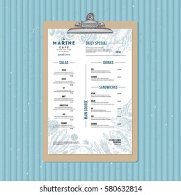 Seafood Menu Template. Fish Restaurant Identity. Engraved Style Illustration. Vector Illustration