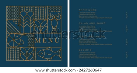 Seafood menu template. Fish restaurant design template. Vector illustration. Sample design. Brand style vector illustration. Vector menu brochure template for cafe, restaurant, bar.