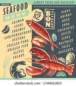 Seafood menu template with lobster, whole fish, fish steak, shrimp, oyster and lemon. Creative design for bistro or restaurant. Vector diner menu layout.