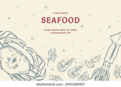 Seafood. Menu. Menu template for restaurant, seafood cafe. Retro style.