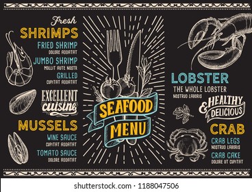 Seafood menu template for restaurant on a blackboard background vector illustration brochure for food and drink cafe. Design layout with lettering and doodle hand-drawn graphic icons.